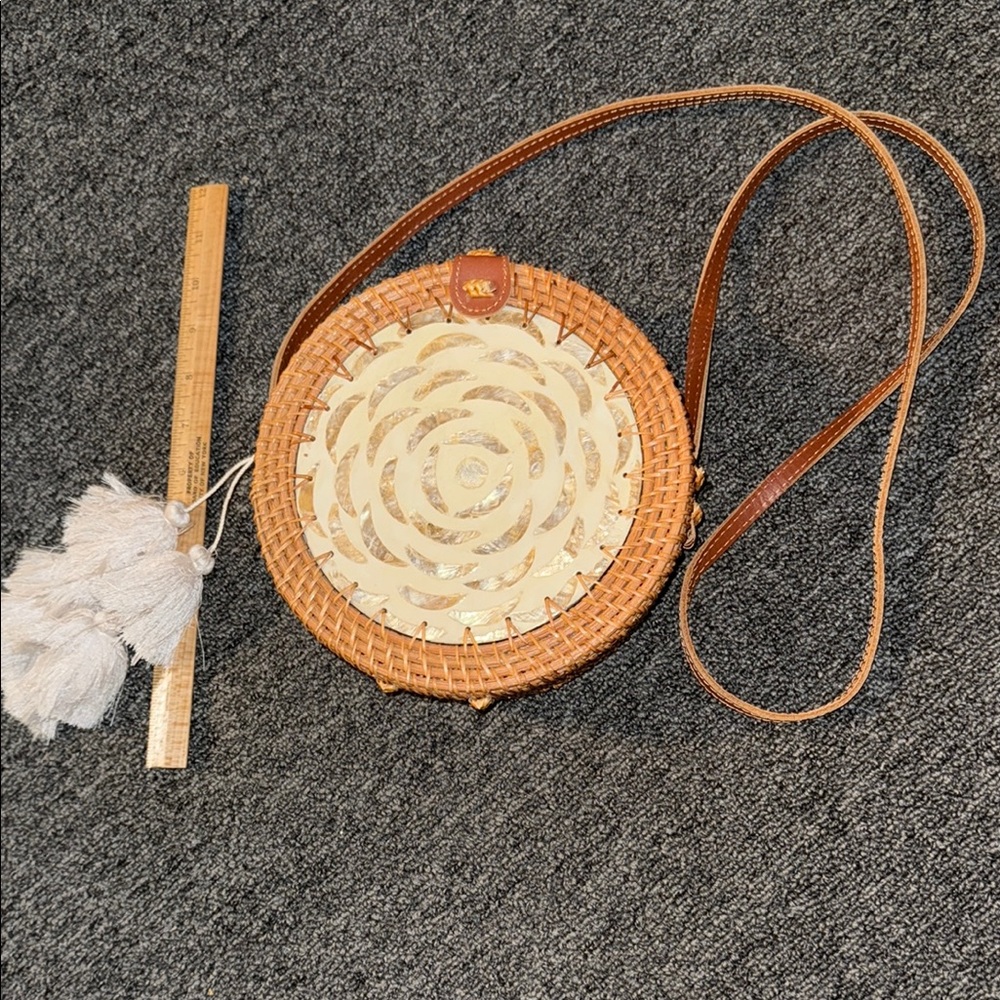 Bohemian Rattan Brown and Cream Woven Crossbody Bag Leather straps